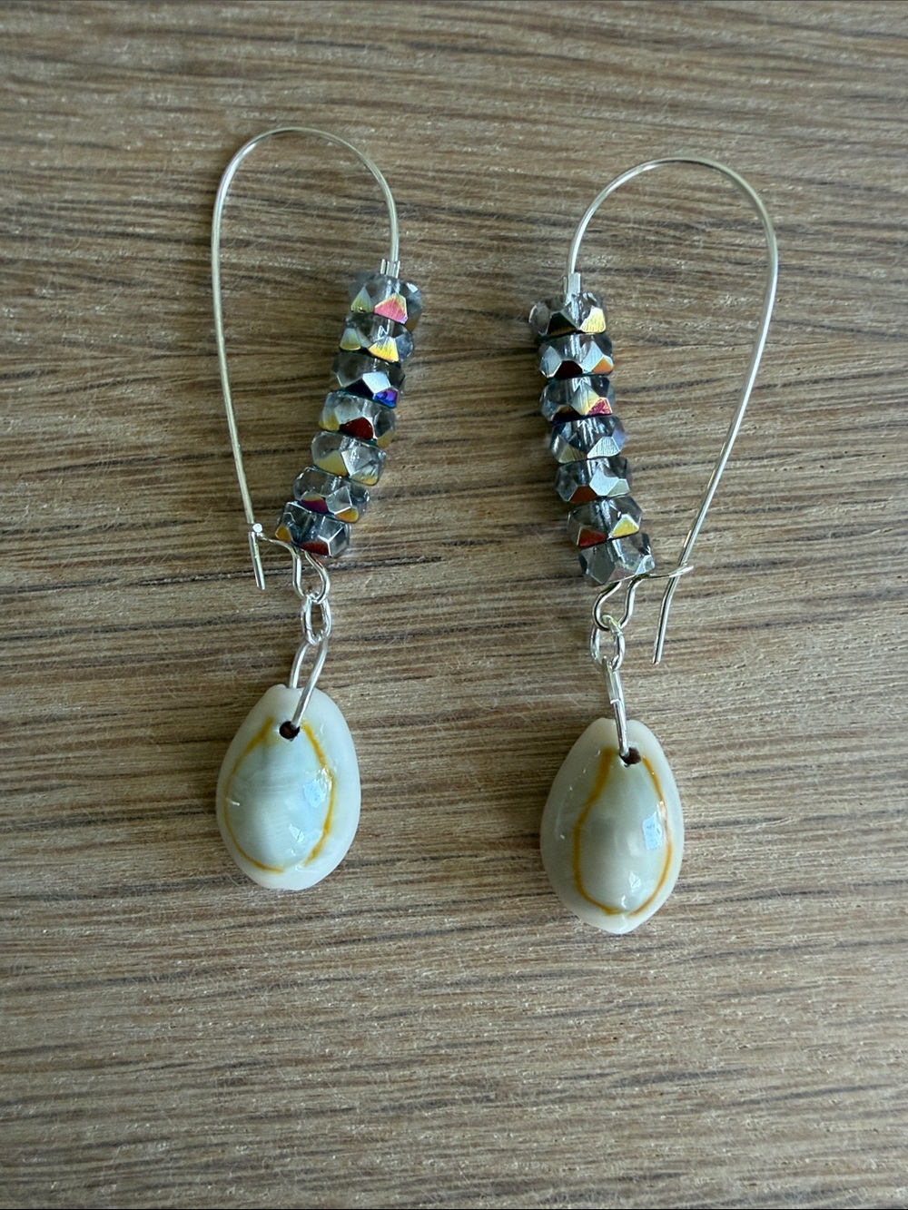 HAND CRAFTED COWRIE SHELL & CZECH GLASS EARRINGS Iridescent Rondelles Bohemian